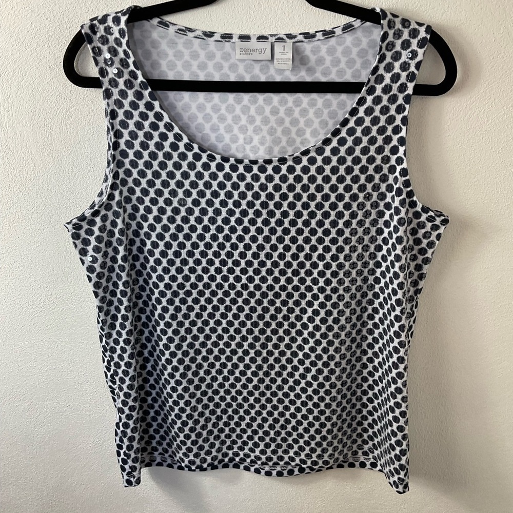 Chico’s Zenergy Navy White Sequined Front Tank Top Sz 1 M